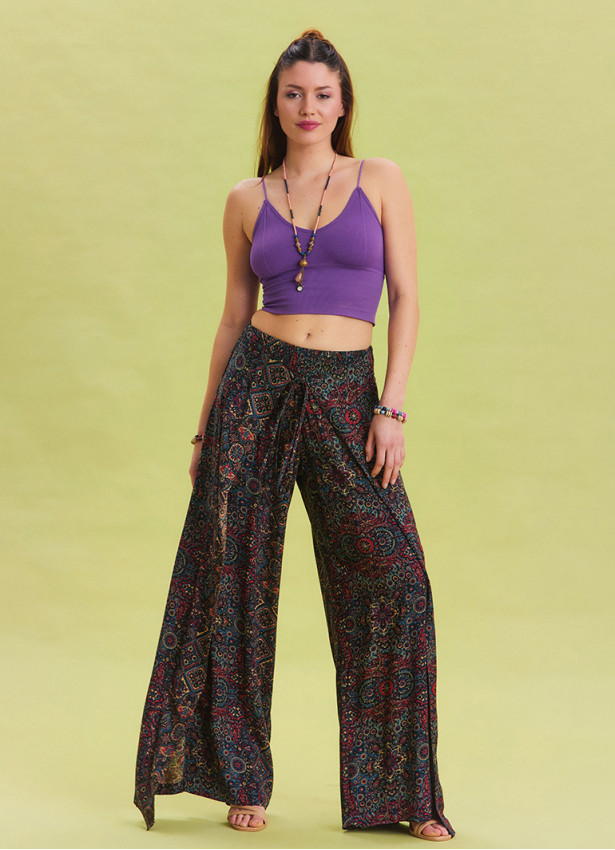 Indigo Bohemian Trousers with Elastic Waist and Tie Detail 4472